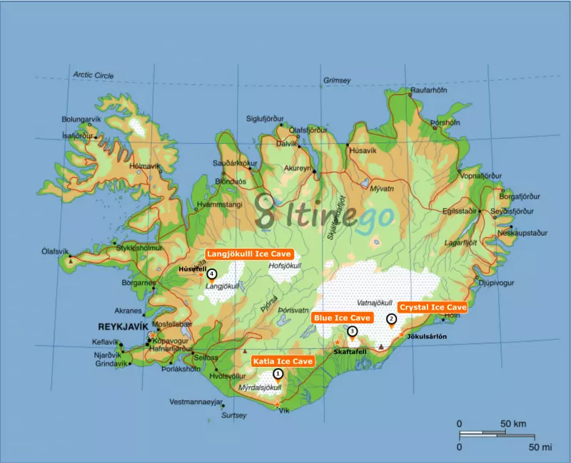 Map of ice caves in Iceland